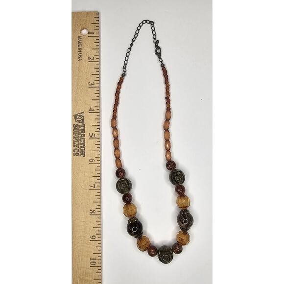 Boho NECKLACE Carved Rose Amber Lucite Beads Costume Jewelry Vintage Gift - Picture 2 of 5